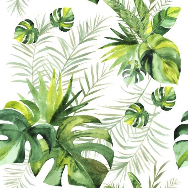 istock Seamless pattern with Watercolor tropical leaves on white background. Hand painted illustration. 1457121170