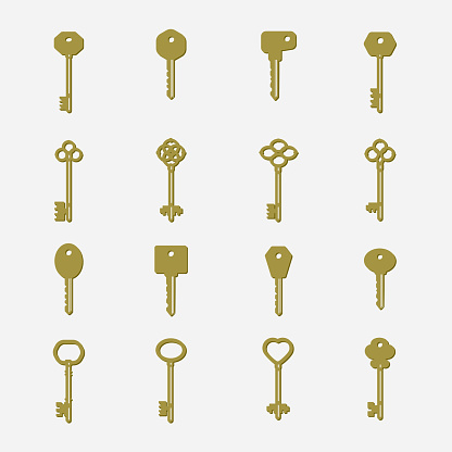 Icon set of different kind of golden coloured keys isolated on a white background.