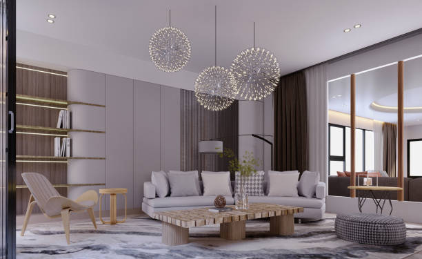 istock 3d rendering,3d illustration, Interior Scene and  Mockup,living room modern style ceiling decoration,white sofa round lamp decoration. 1457121369