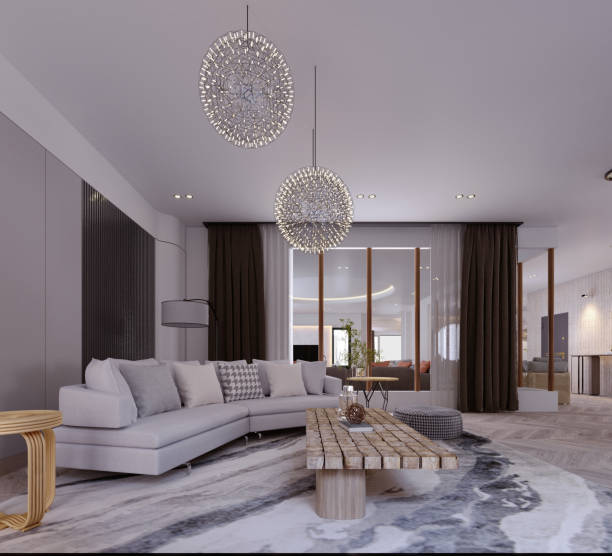 istock 3d rendering,3d illustration, Interior Scene and  Mockup,living room modern style ceiling decoration,white sofa round lamp decoration. 1457121397