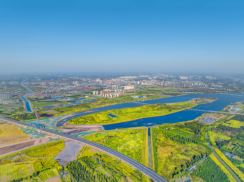 Aerial photography of Hutuo River Ecological Zone, Hutuo River Island, Lanxiu Tower in Binshui Park, Shijiazhuang City, Hebei Province, China