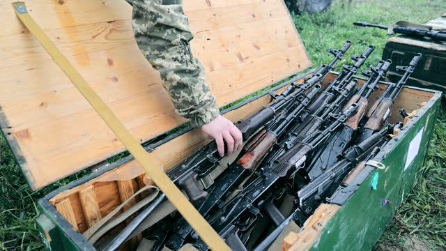 War Ukraine Russia. Weapons supply. Weapons in boxes.