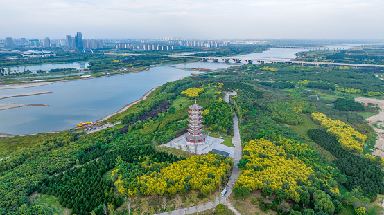 Fotografía aérea de la zona ecológica del río Hutuo, isla del río Hutuo, torre Lanxiu en el parque Binshui, ciudad de Shijiazhuang, provincia de Hebei, China photo