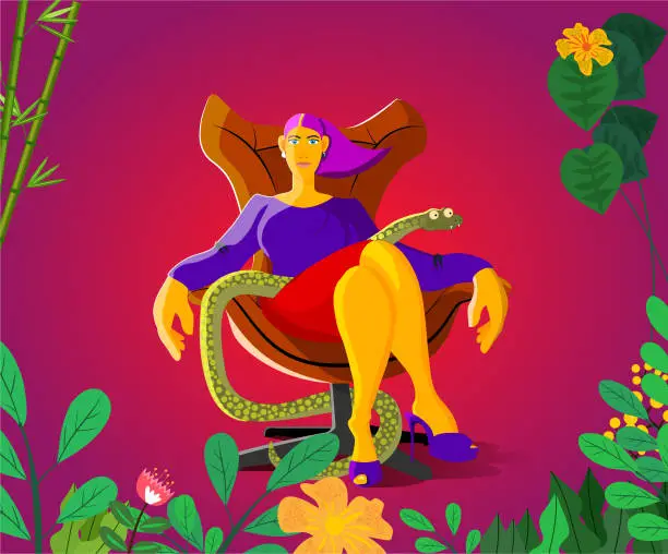 Vector illustration of The woman is seated on an armchair with a snake.