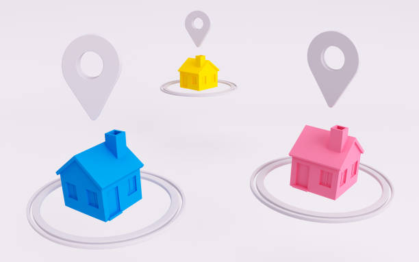 casas coloridas e localização com tema de ilustração 3d. imóveis e habitação com tema de renderização 3d com ponteiro gps. - adventure business horizontal real estate - fotografias e filmes do acervo