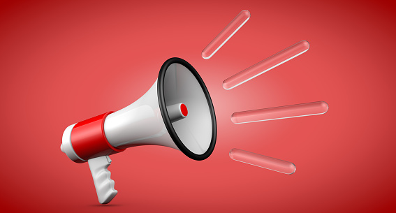 3D Render red and white megaphone isolated on red background.