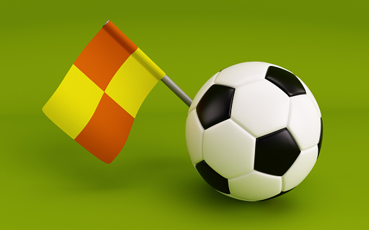 Soccer ball and referee flag 3d illustration on isolated green background