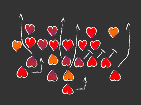 Valentine's Day/football fan, hearts illustration. Football play on chalk board concept.