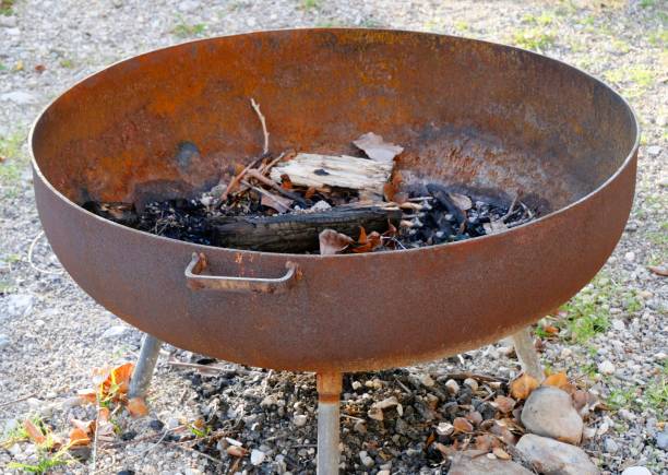 istock Iron fire bowl with charcoal outdoors 1457127787