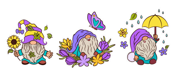 illustrazioni stock, clip art, cartoni animati e icone di tendenza di simpatica primavera gnomi vettoriali linea artistica colorata. - daffodil flower silhouette butterfly