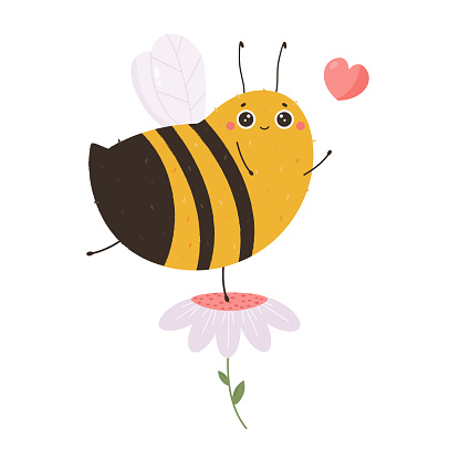 Vector illustration of a cute bee dancing on a flower. Funny insect isolated on white background
