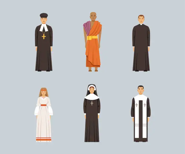 Vector illustration of Representatives of religious confession set. Catholic priest, Buddhist monk, Catholic nun vector illustration