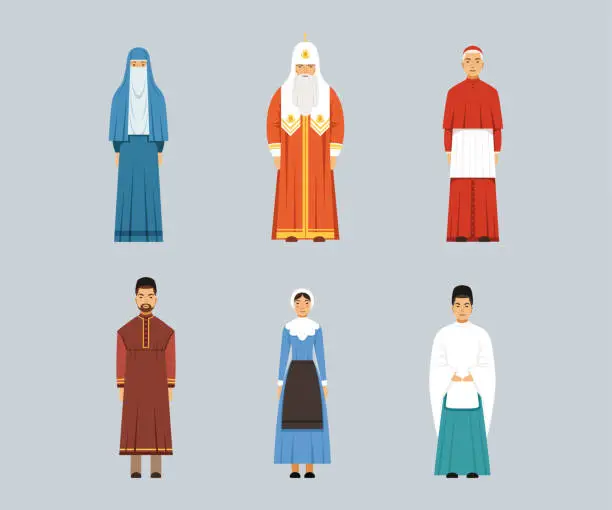 Vector illustration of Representatives of religious confession set. Catholic Cardinal, Orthodox Patriarch, Mennonite or Amish woman vector illustration