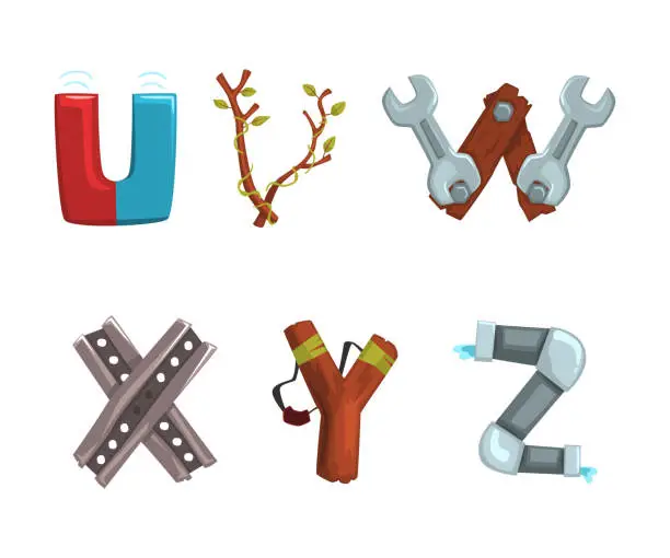 Vector illustration of Alphabet with various objects. U,V,W,X,Y,Z creative cartoon letters made of branches, magnet, wrenches, slingshot vector illustration