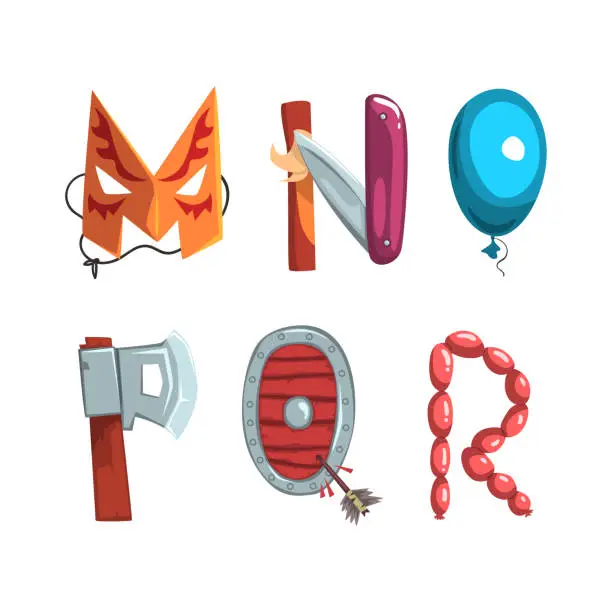 Vector illustration of Alphabet with various objects. M,N,O,P,Q,R creative cartoon letters made of axe, mask, sausagrs, knife, shield vector illustration