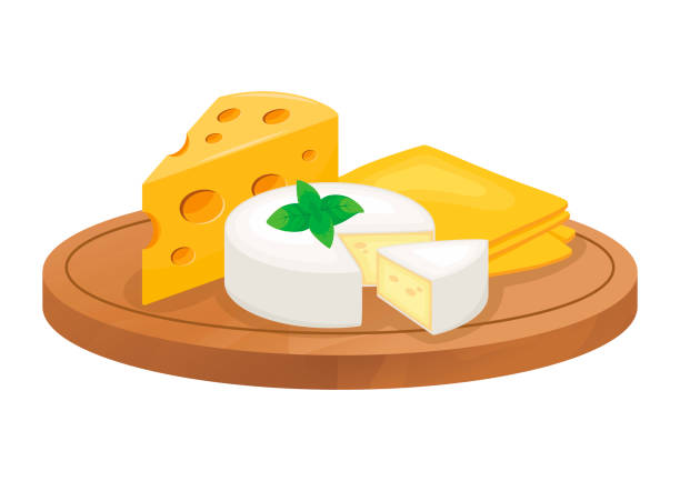 나무 도마 아이콘 벡터에 치즈의 다양 한 종류 - cheese portion emmental cheese yellow stock illustrations