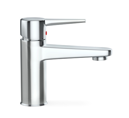 Silver bathroom faucet on white background, side view