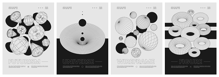 Strange wireframes of geometrical shapes modern design inspired by brutalism, geometric figures contemporary artwork, abstract monochrome vector set posters, cover, invitation