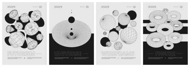 Vector illustration of Strange wireframes of geometrical shapes modern design inspired by brutalism, geometric figures contemporary artwork, abstract monochrome vector set posters, cover, invitation