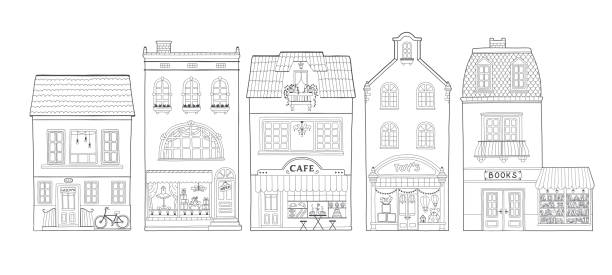 Collection of European houses. Cute Dutch buildings with shops, bookstore, cafe, coffee shop. Contour monochrome vector illustration, coloring for children in a hand-drawn childish style. Collection of European houses. Cute Dutch buildings with shops, bookstore, café, coffee shop. Contour monochrome vector illustration, coloring for children in a hand-drawn childish style facade store old built structure stock illustrations