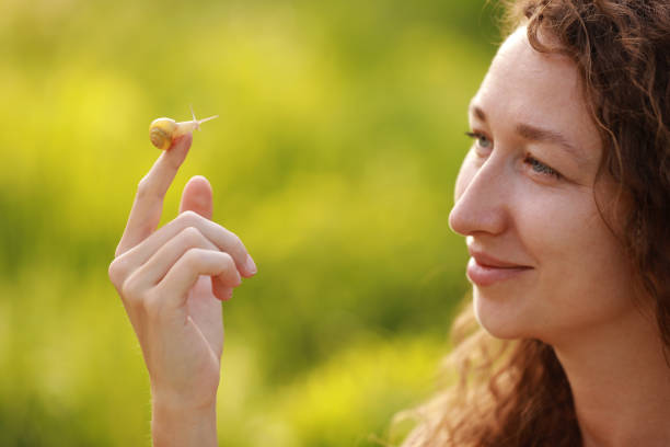 una piccola lumaca sul dito su sfondo verde natura, cura della pelle di bava di lumaca, applicazione di melma in cosmetologia, crema, rigenerazione dei tessuti, ringiovanimento della pelle, benefici, commestibile, fattoria, cucina francese. - snail escargot animal speed foto e immagini stock