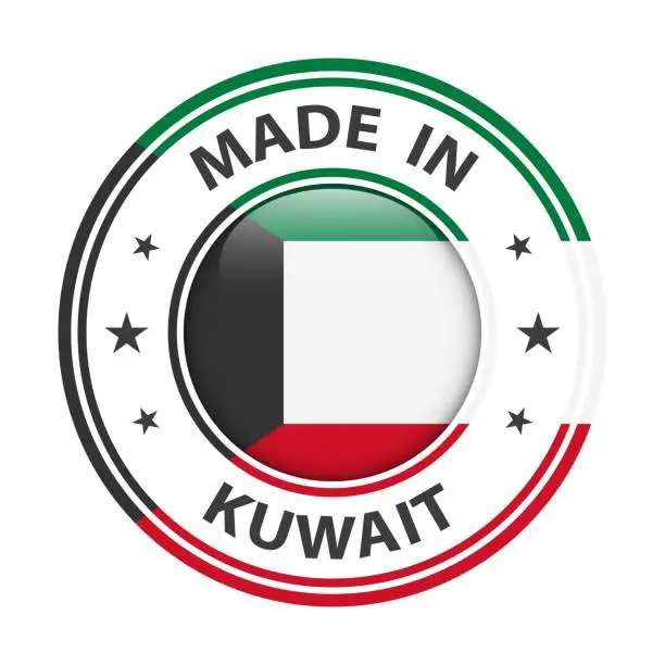 Vector illustration of Made in Kuwait badge vector. Sticker with stars and national flag. Sign isolated on white background.