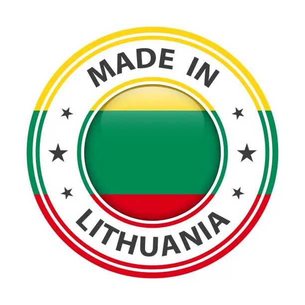 Vector illustration of Made in Lithuania badge vector. Sticker with stars and national flag. Sign isolated on white background.