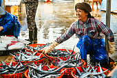 smiling vietnames woman selling fish at the market in Hoi An, Vietnam