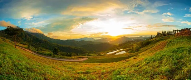 Photo of Panoramic view of the mountains and sky in the morning,Mountain forest in the mist that rises mountain sunrise