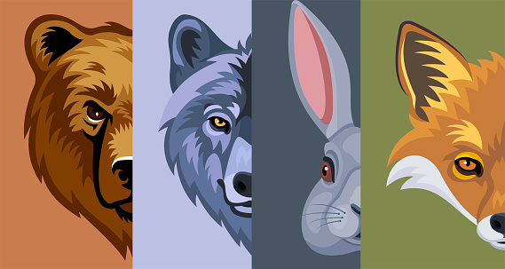 Wild Animals Head. Bear. Wolf. Hare. Fox. Mascot Creative Design.