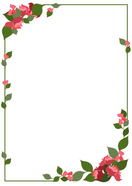 Vector illustration of Floral frame in vertical format, with branches and plants of green color and red flowers