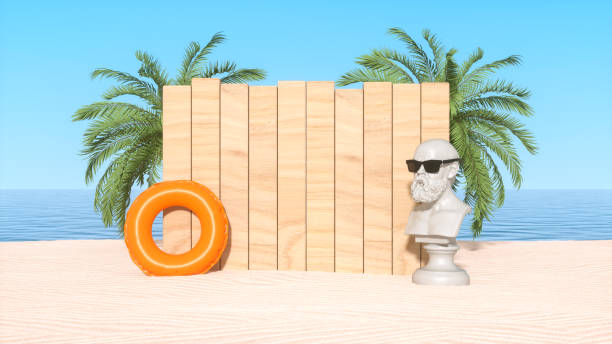 istock Beach with empty wooden signboard, minimal summer holiday and travel background 1457145708