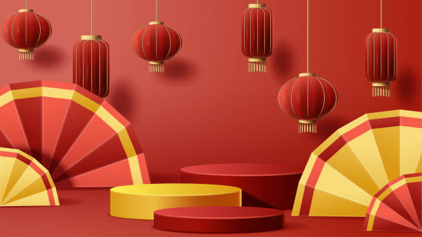 istock Chinese New Year display podium decoration background with chinese ornament. Vector 3D Illustration 1457145766