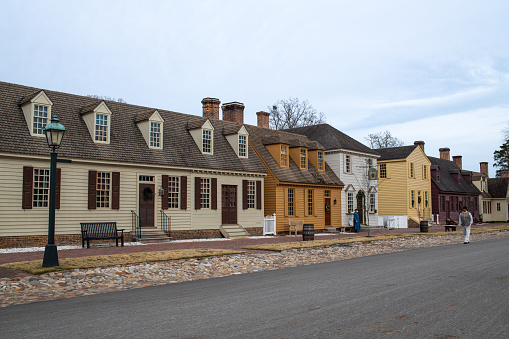 Williamsburg, Virginia: December 9, 2021: Colonial Williamsburg on a sunny day. Colonial Williamsburg is a popular tourist attraction.