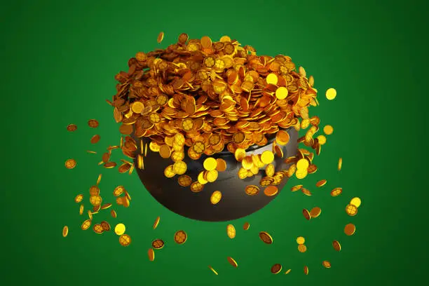 Patrick day. Iron pot cauldron full of gold coins isolated on green background. Good luck and fortune money. 3d rendering