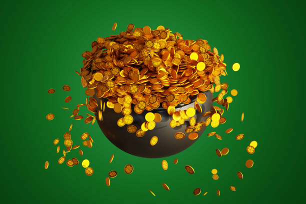patrick day. iron pot cauldron full of gold coins isolated on green background. good luck and fortune money. 3d rendering - leprechaun holiday imagens e fotografias de stock