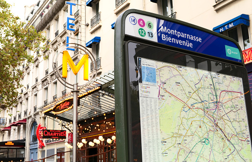 Paris, France. May 11. 2022.. Logo of the Parisian subway in the street next to the Montparnasse station.