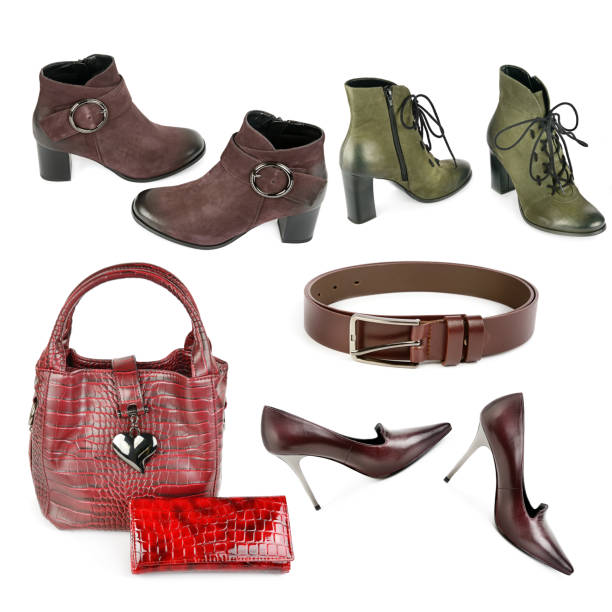 istock Bag, ankle boots and belt isolated on white . Collage. 1457148927