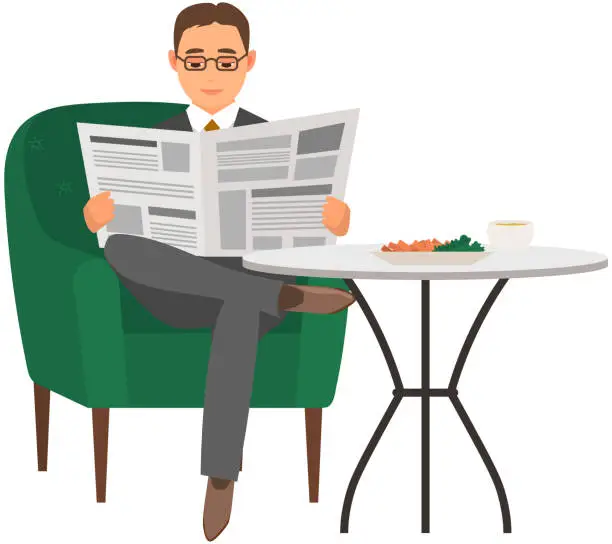 Vector illustration of Businessman in armchair with newspaper. Interior design of modern living room of house or hotel