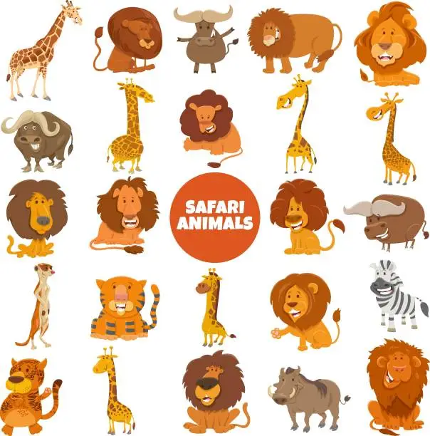 Vector illustration of cartoon Safari animal characters big set