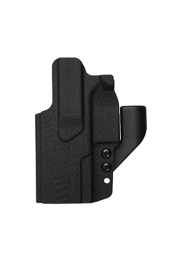 Plastic holster for a pistol. Accessory for convenient and concealed carrying of weapons. View from all sides. Isolate on a white background.