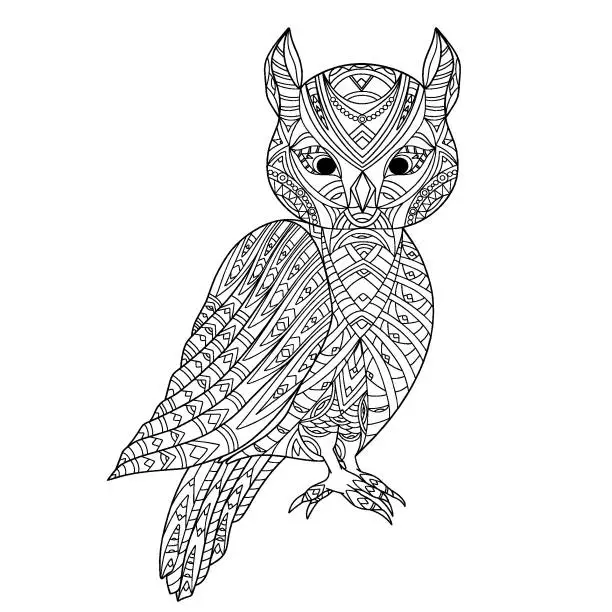 Vector illustration of Hand drawn eagle owl. Coloring book page antistress with predatory bird for adults and children. Beautiful doodle cartoon animal. Vector outline sketch illustration isolated on white background