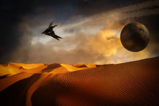 Photo of Spaceship flying over the desert at sunset, 3D illustration