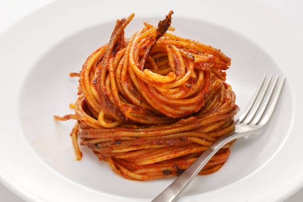 Spaghetti all'Assassina, Italian Puglia traditional pasta stock photo