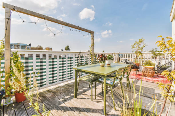 istock Bright balcony with chair and door 1457184841
