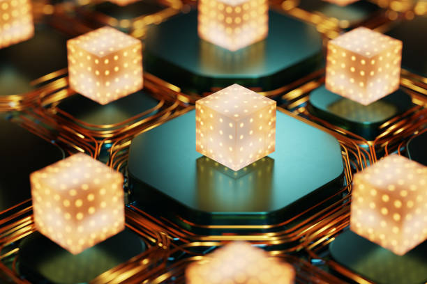 istock Abstract server room. Blockchain technology. The concept of a quantum computer. Abstract technological background from blocks.Quantum computing. Qubit. 3d render. 1457188047