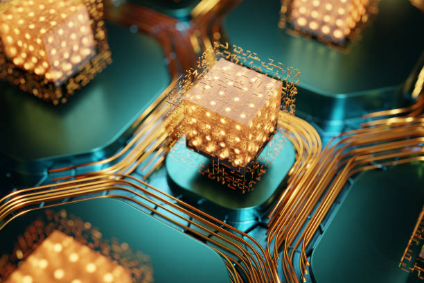 Luminous processor. Abstract technological background from blocks.Quantum computing. Qubit. 3d render. stock photo