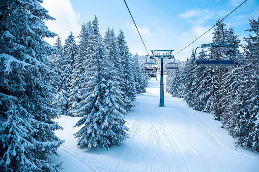 View from the ski lift and beautiful snowy mountain with pine trees