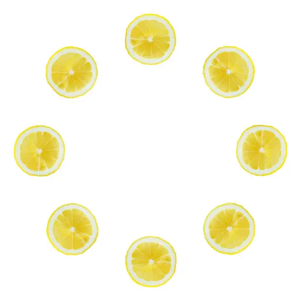 Evenly distributed circle pattern of fresh Lemon Slices Isolated on a white background.