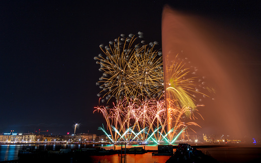 Fireworks over Lac Léman in Geneva, Switzerland, with Jet D'eau, 31/01/2022